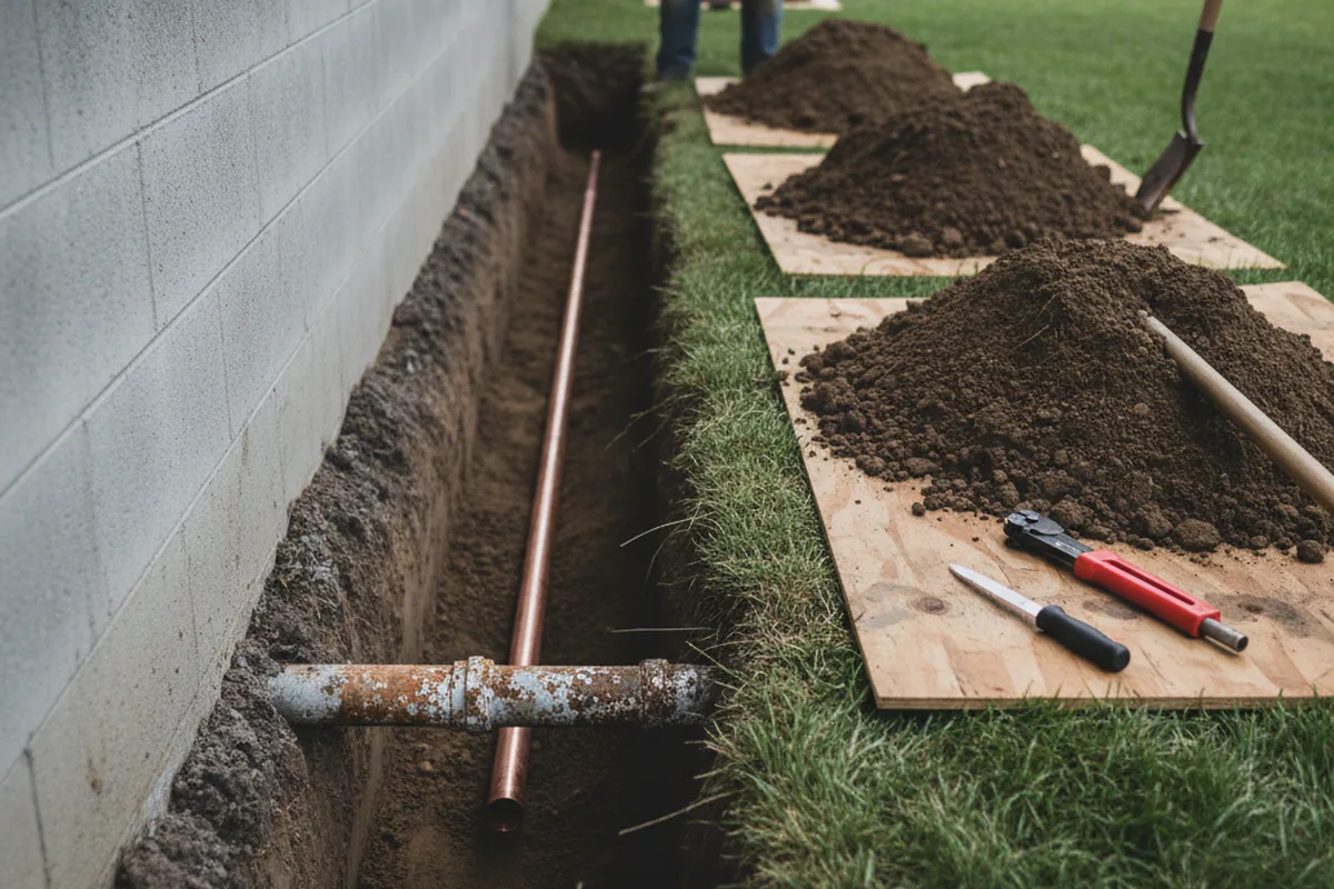 Excavated water line trench during Sewer Line Repair in Blue Springs